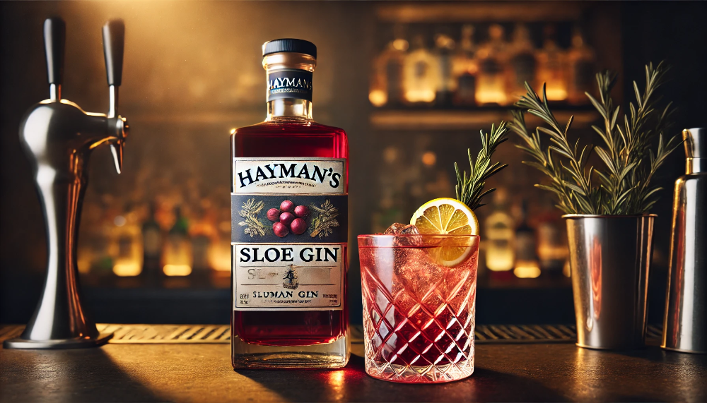 Коктейль на основі Hayman's Sloe Gin у кришталевому келиху, прикрашений лимоном та розмарином, на фоні затишного бару.